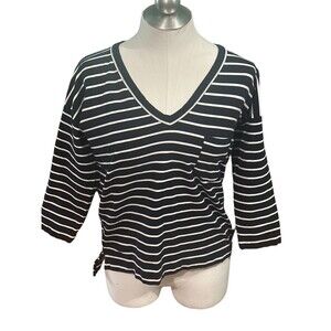 Madewell Stripe Slub Ponte Knit V-Neck Top Side Zippers‎ Black White Size Medium
